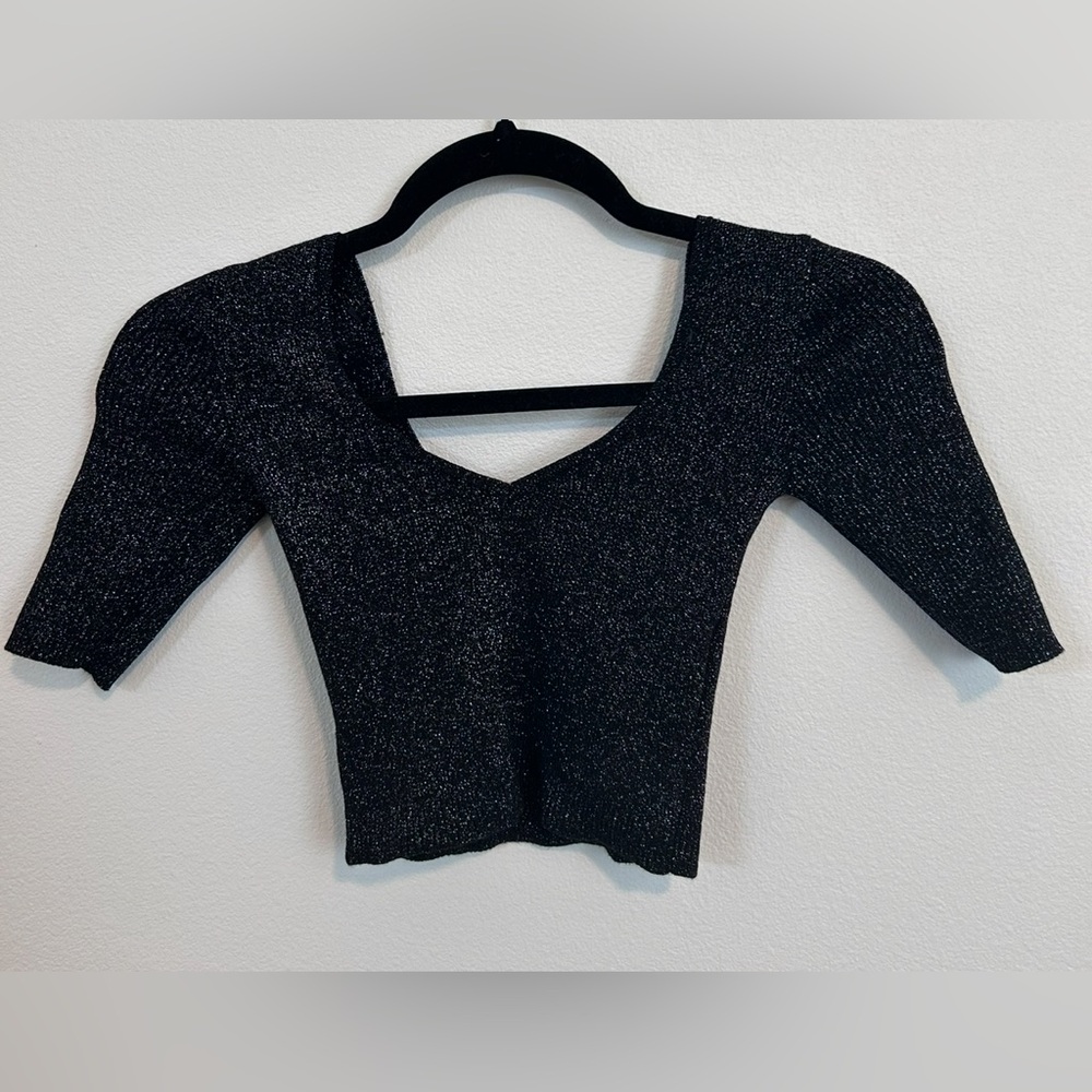 Bershka - black and Metallic silver ribbed crop top